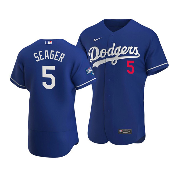 Men's Los Angeles Dodgers #5 Corey Seager 2020 Blue World Series Champions Patch Flex Base Sttiched MLB Jersey